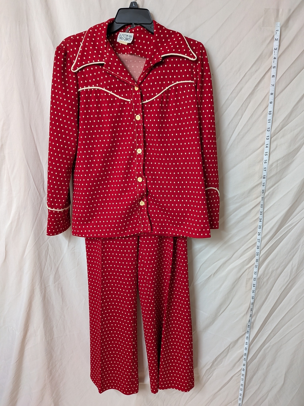 VTG 70s Justin McCarty Polka Dot 2pc Pant Set Western Red White Size 14 M